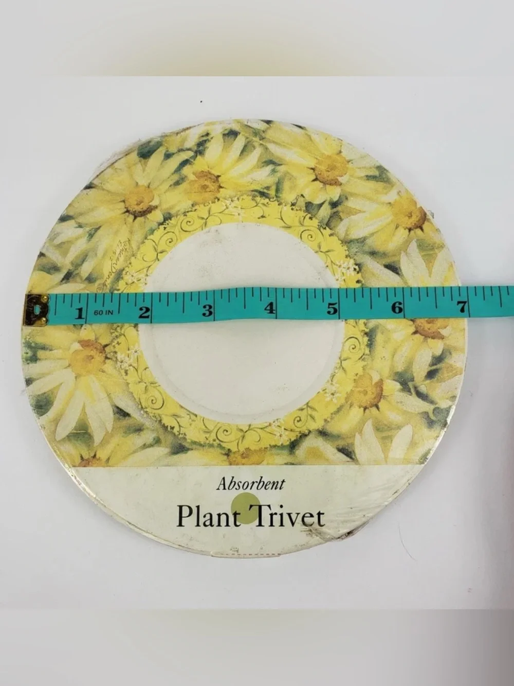 Vintage Trivet Absorbent Stone Plant Stand 7” Yellow Daisy Cork Bottom 2004